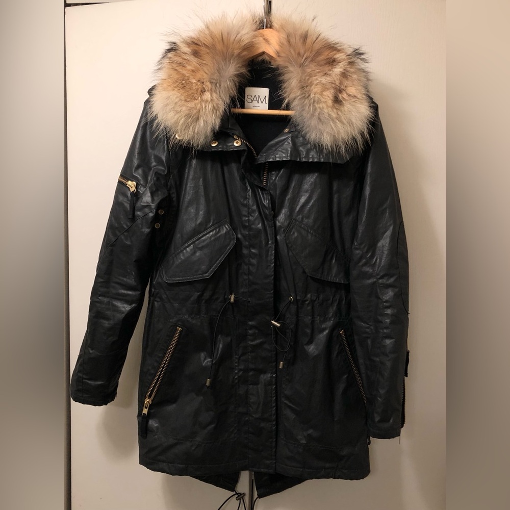 SAM. New York Camper Parka Black Vinyl Coated, Coyote Fur Collar - Size Small